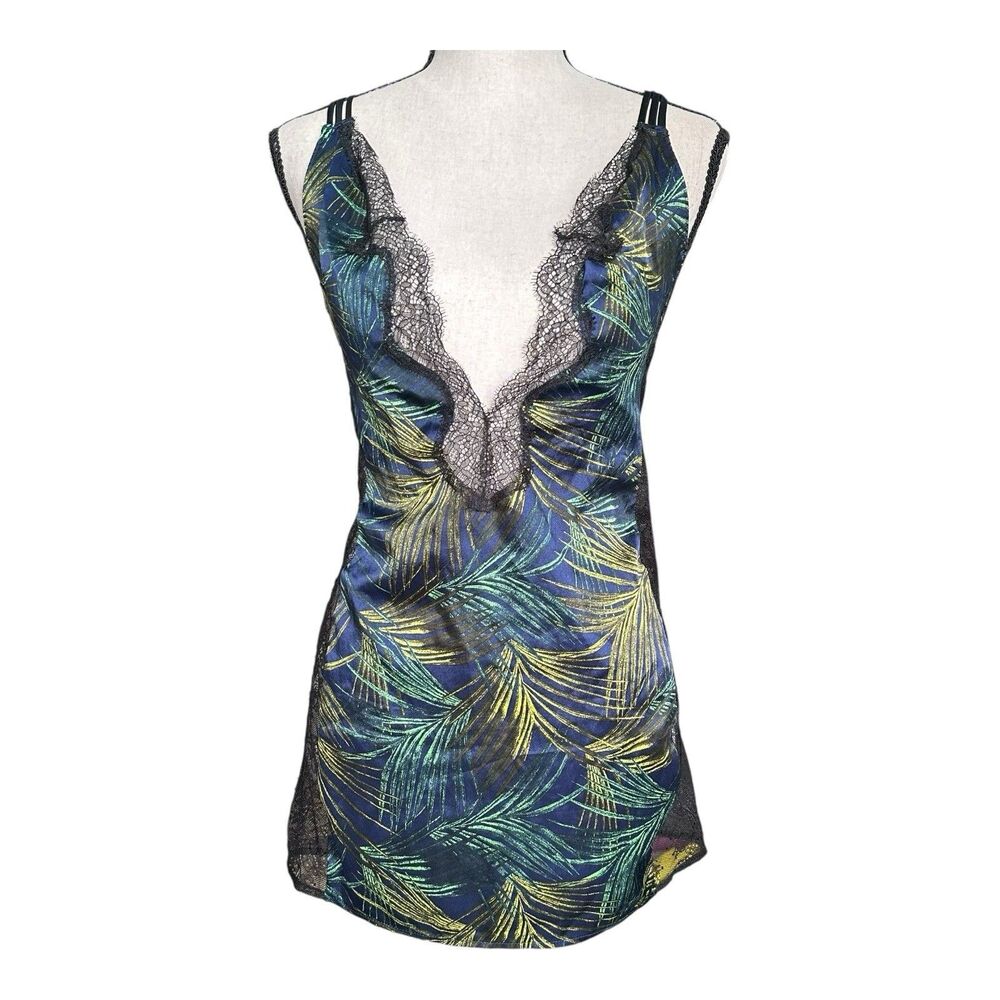 Victorias Secret Tropical Palm Print Satin Lace Babydoll Slip Dress M Blue Green